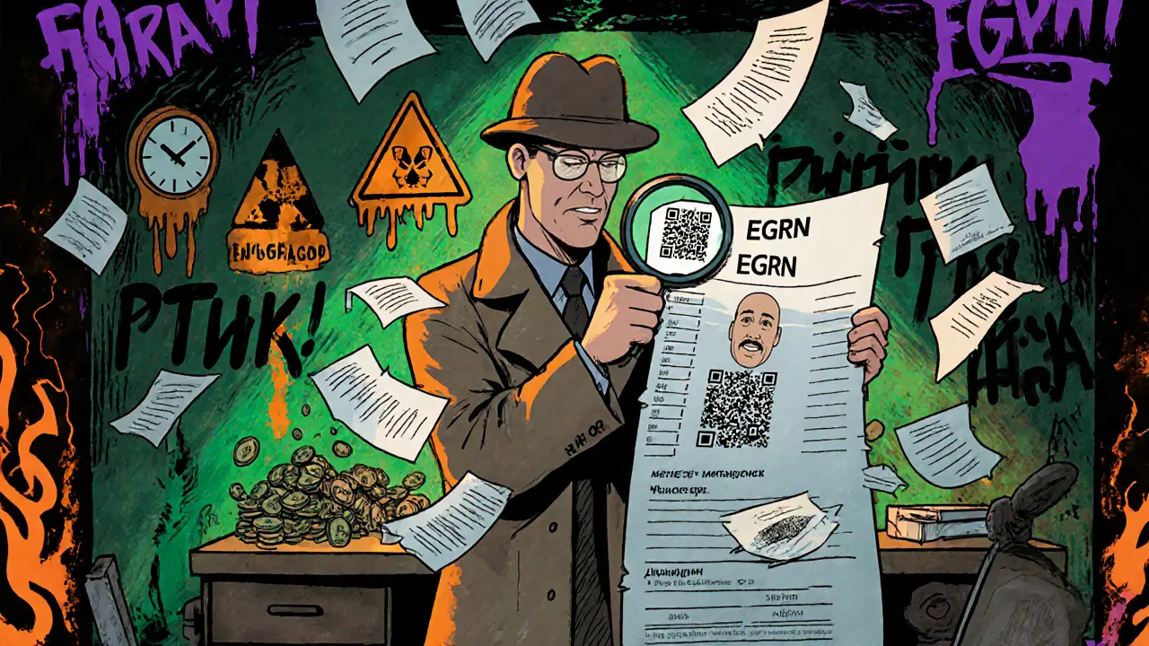 Детектив проверяет документы в МФЦ, вокруг — хаос из поддельных бумаг и предупреждений.