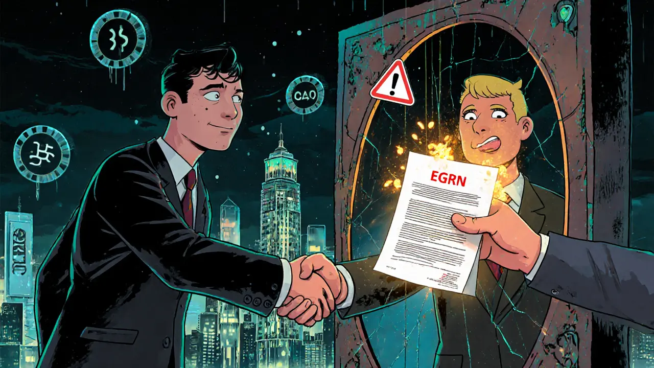 Продавец и покупатель shaking hands, но их отражения показывают скрытую правду о собственности.