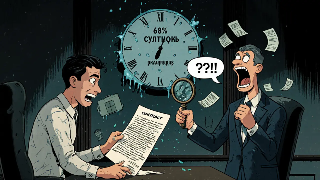 Судебный процесс: судья разбирает расплывчатый договор, вокруг летят счетчики и лифтовые кнопки