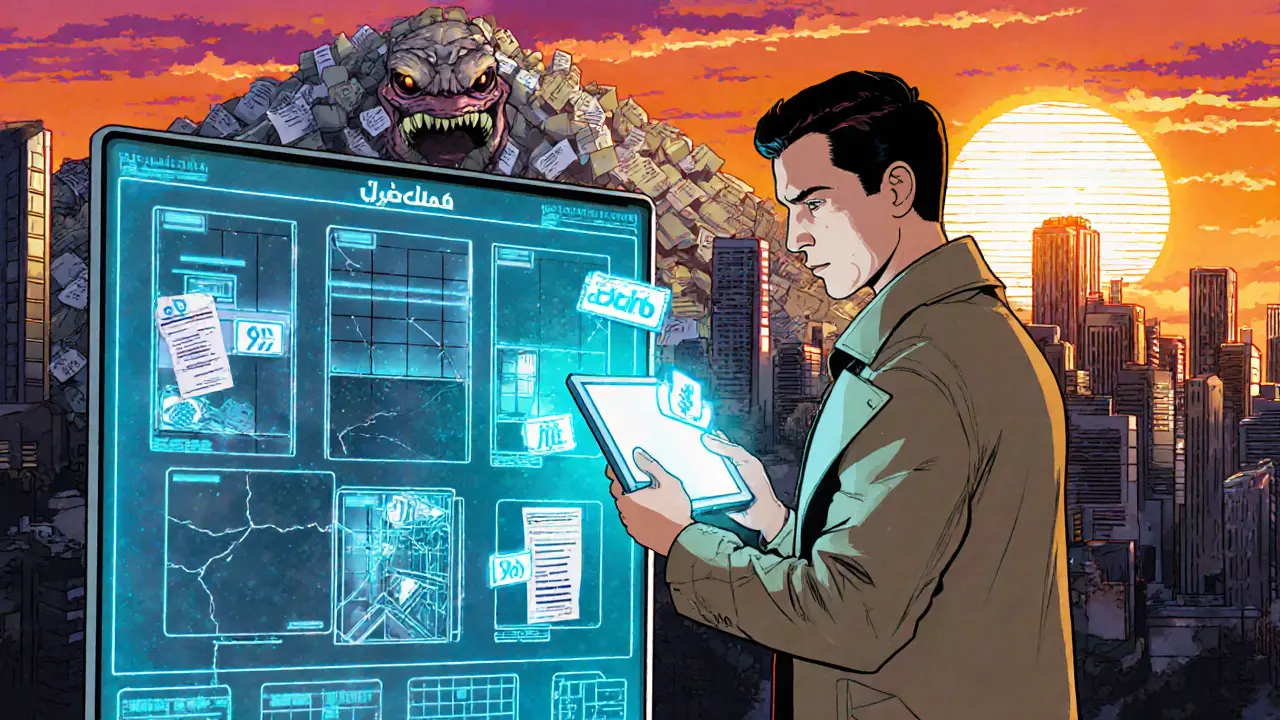 Цифровая панель показывает строительство, герой сканирует здание, обнаруживая скрытые проблемы.