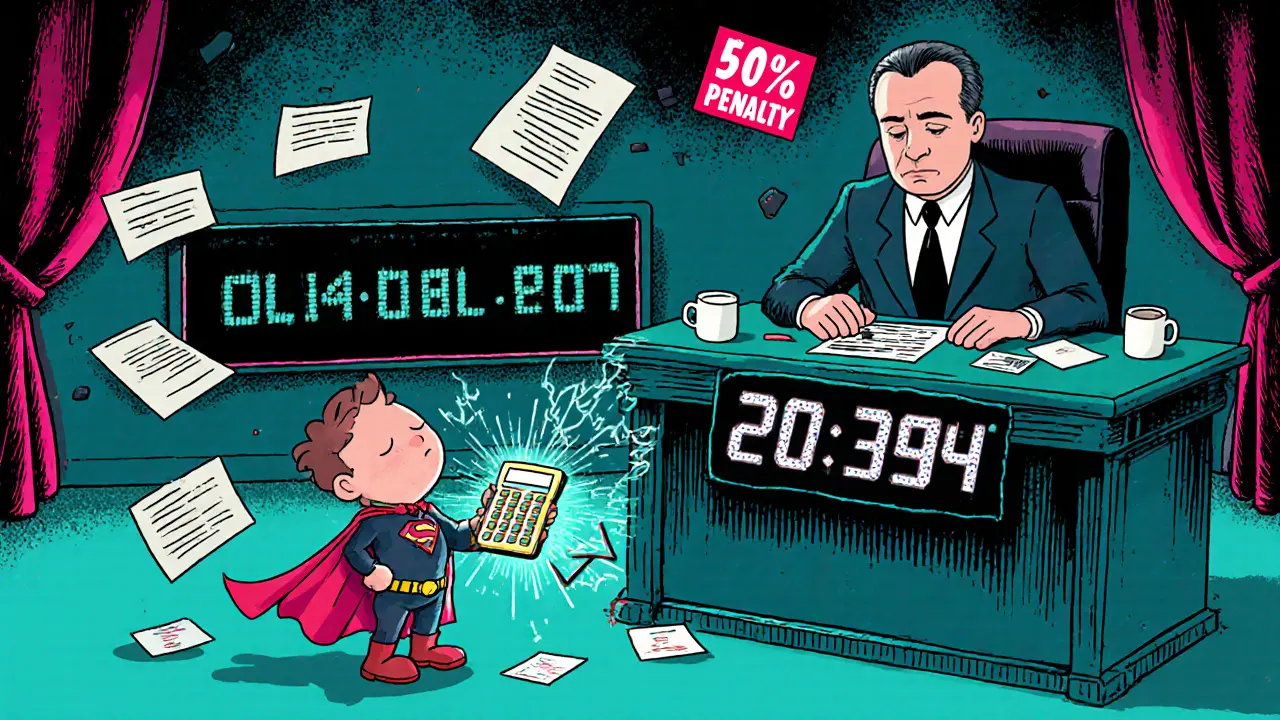 Покупатель в костюме супергероя представляет расчет неустойки спящему судье среди кучи бумаг.