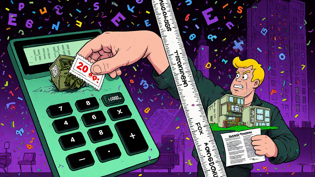 Рука вытаскивает вычет из калькулятора, квартира уменьшается, числа летят как конфетти.