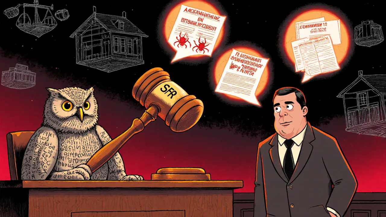 Семья выступает перед судьей-совой в суде, где доказательства светятся в пузырях, а представитель СФР — монстр из бумаги.