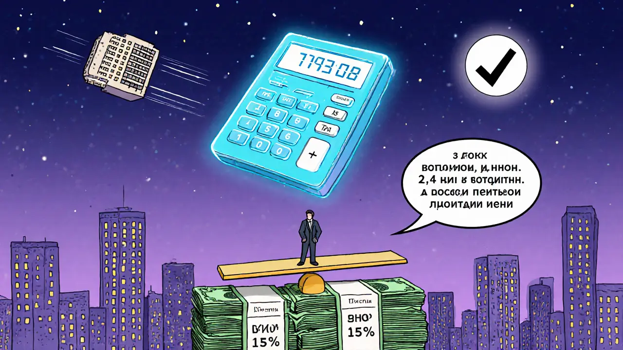 Цифровой калькулятор налога над городом, показывающий прогрессивные ставки и вычет в 1 млн рублей.