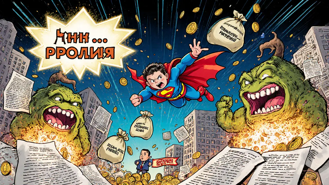 Герой бросает деньги в монстров процентов, сокращая срок ипотеки, фон — город из кредитных документов.