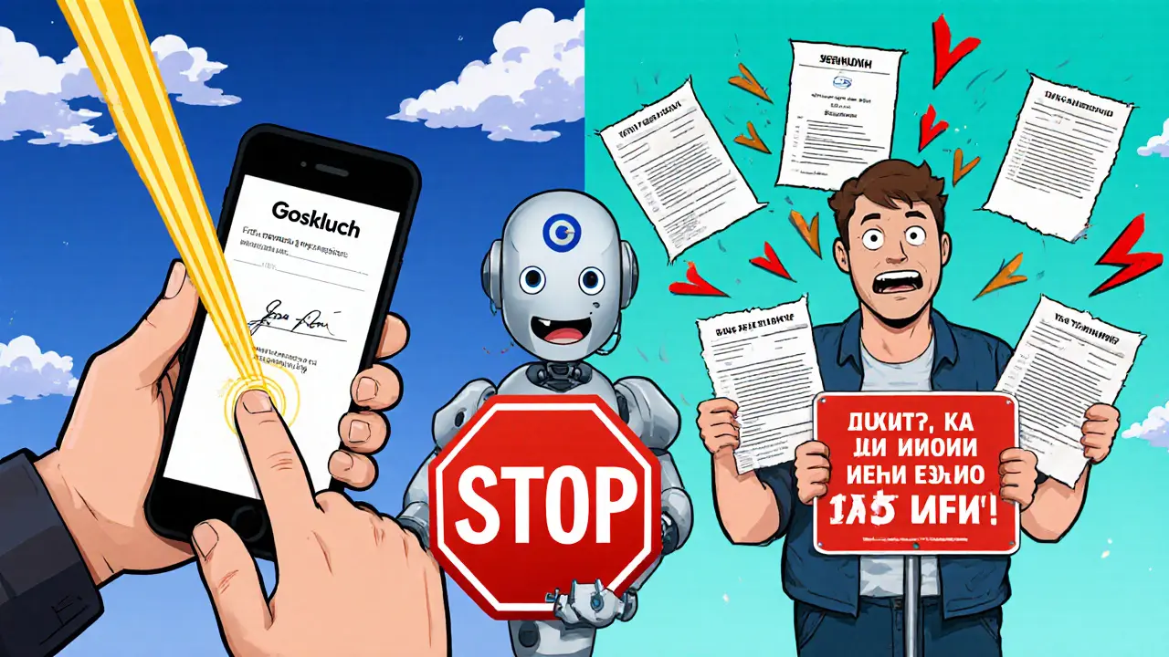 Разделённый экран: один человек успешно подписывает декларацию, другой паникует с пятью квартирами.