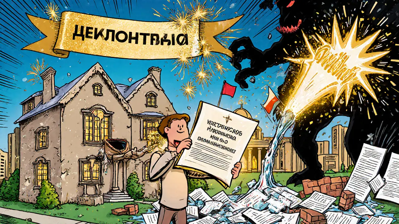 Человек держит светящийся документ, его дом превращается в законный замок, а самострой тает.