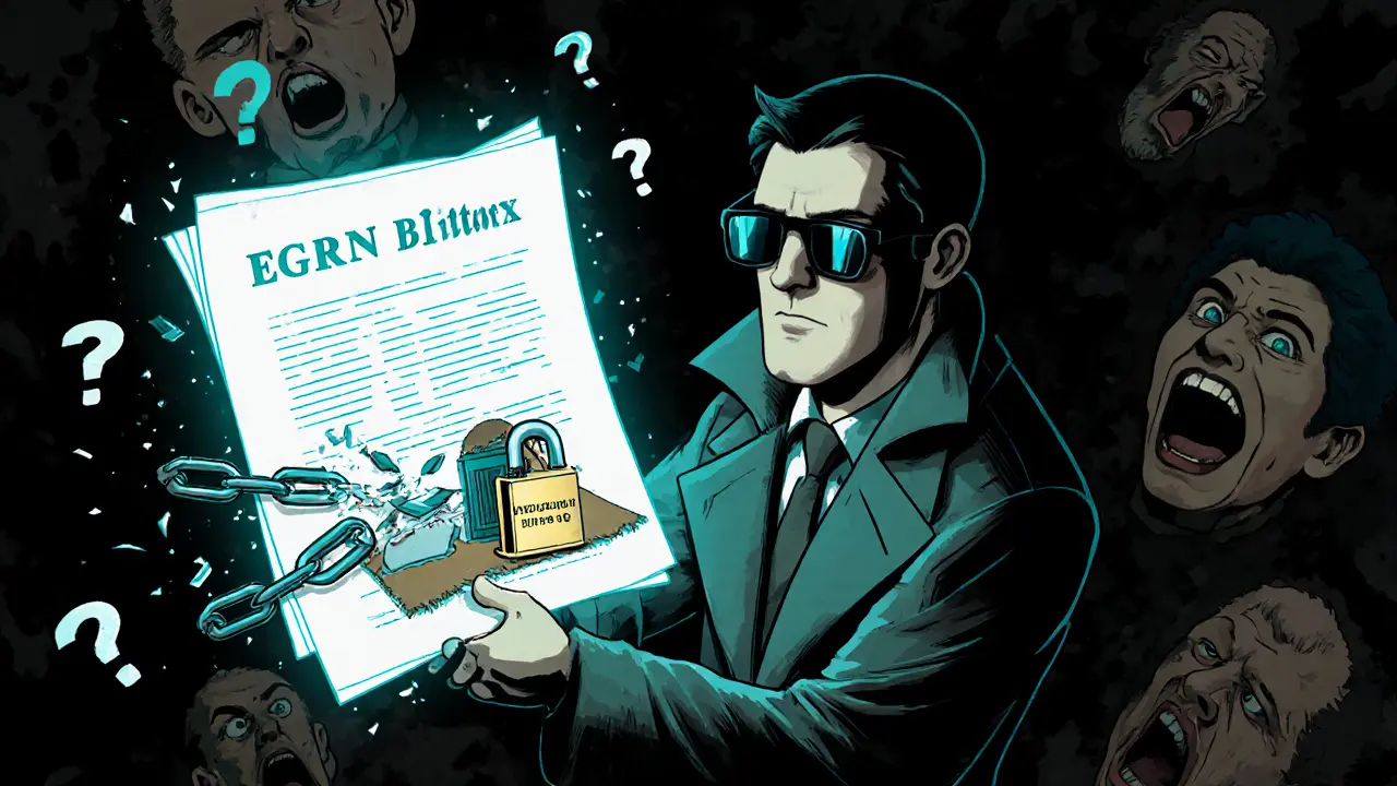 Детектив показывает электронную выписку ЕГРН, из которой вырываются скрытые юридические угрозы в виде голографических цепей и призраков.