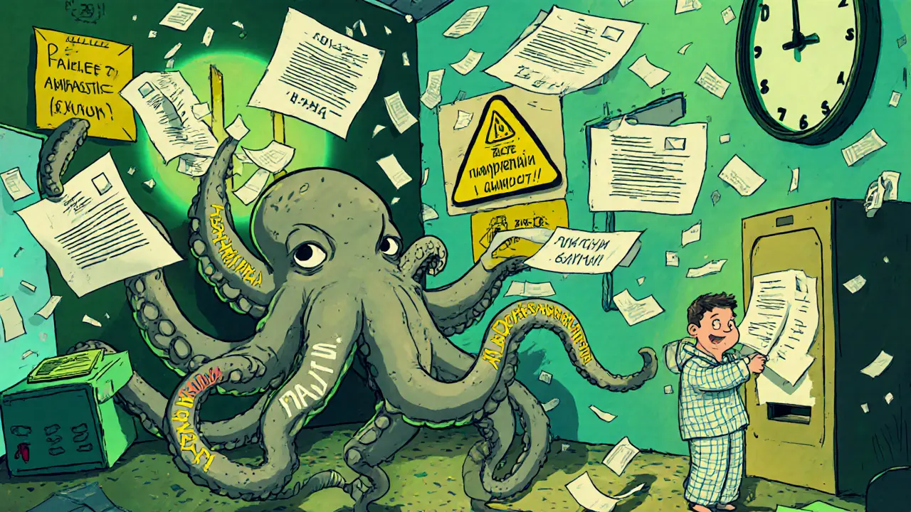 Маленький человек пытается вставить документ в почтовый ящик, а огромный осьминог жонглирует бумагами.