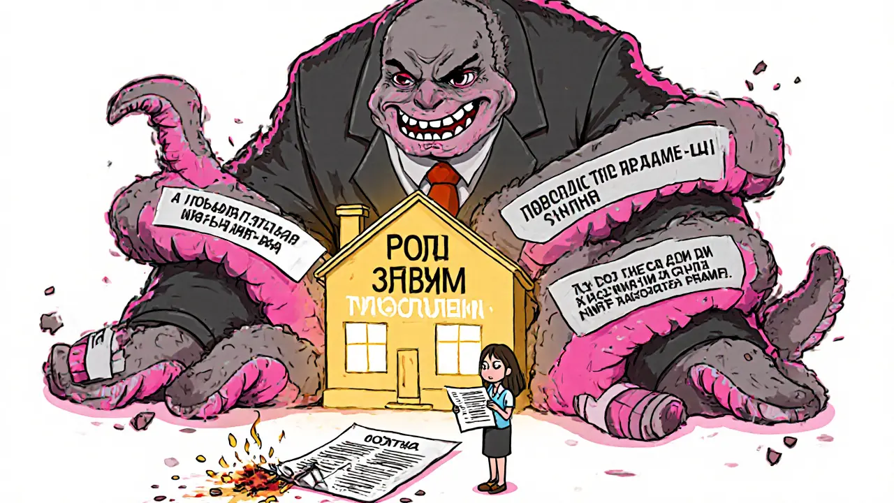 Монстр из бумаги блокирует семью, пока ипотечный дом светится вдалеке.