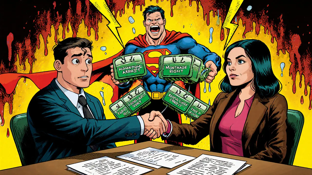 Покупатель и продавец пожимают руки, а за их спинами нотариус-супергерой обезвреживает ловушки, связанные с обременениями.