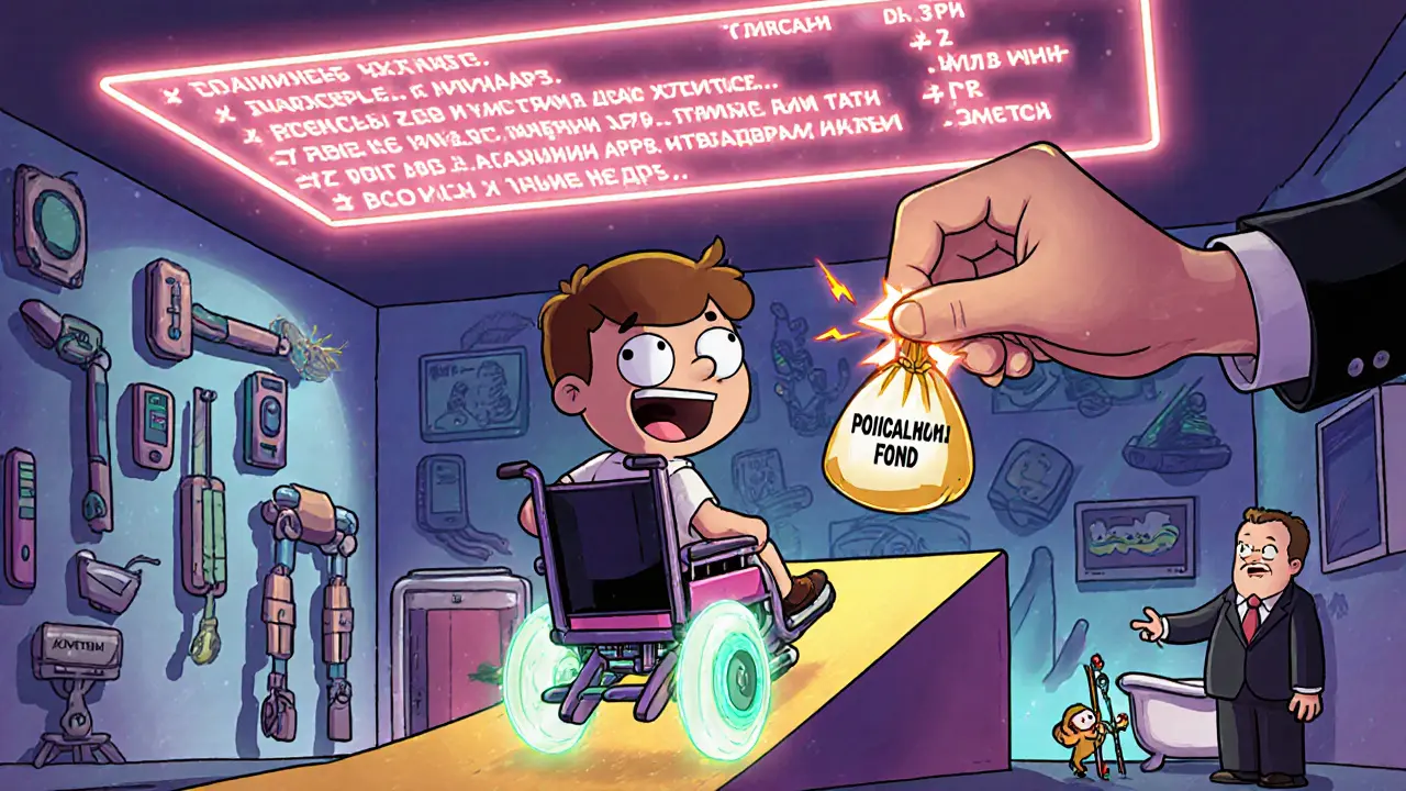 Ребёнок с инвалидностью катается на специальном кресле-ракете по квартире с медицинским оборудованием, над ним — помощь от фонда.