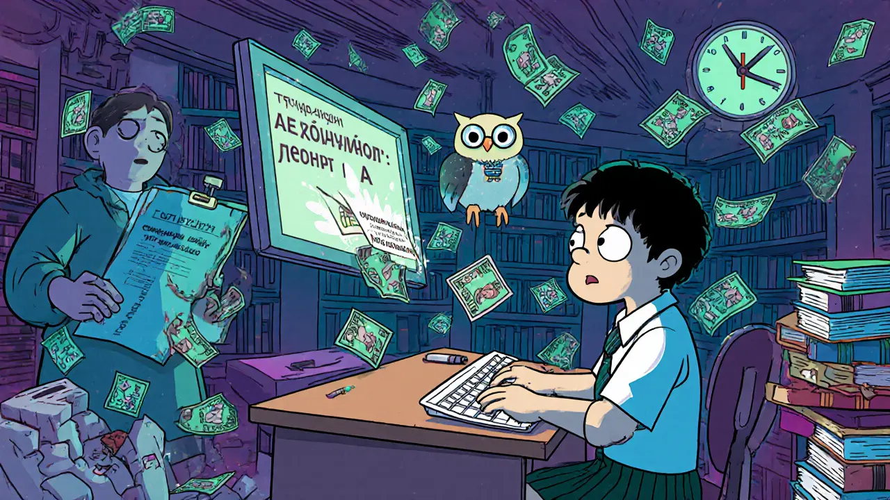 Ребёнок учится в библиотеке из книг и карандашей, над ним — проверка лицензии, вокруг летят деньги и учебники.