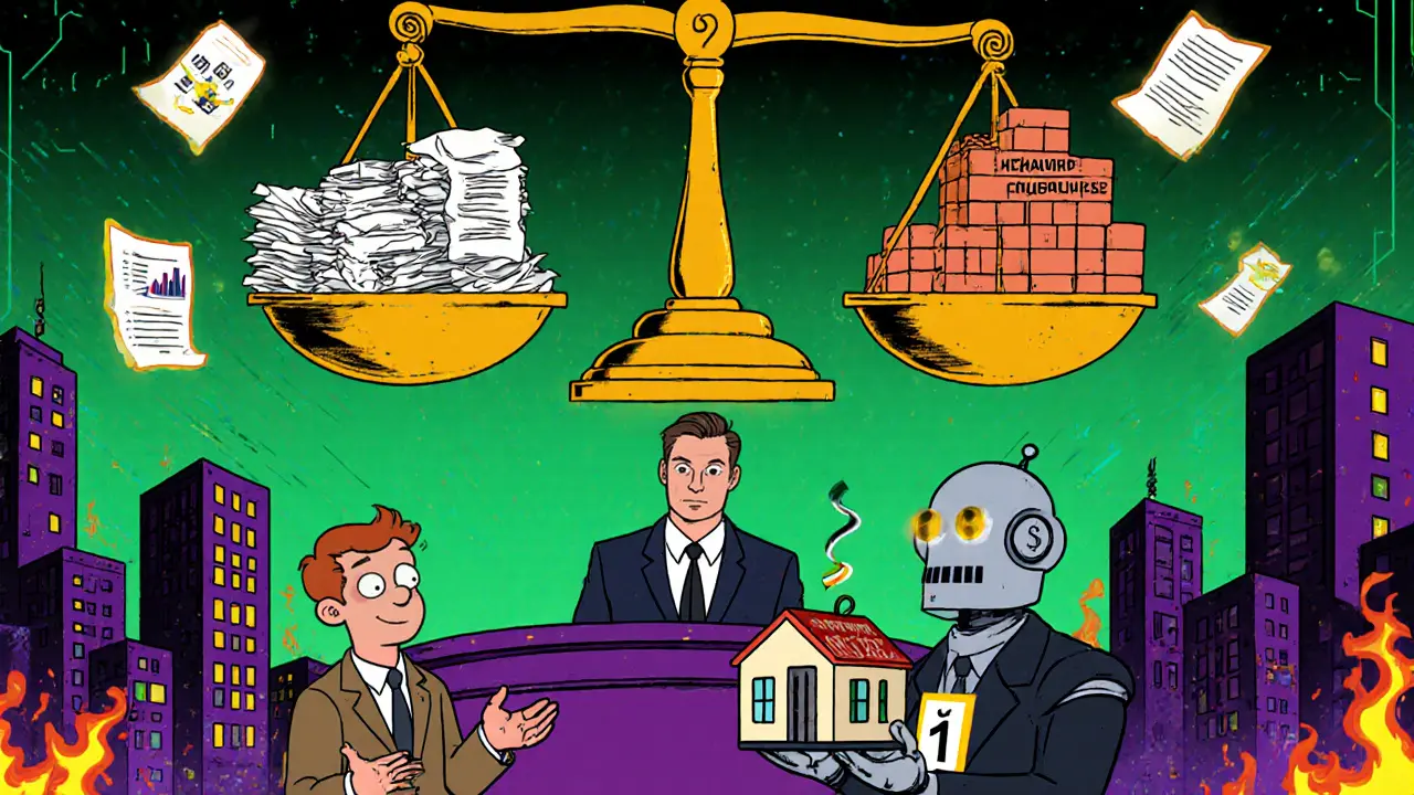 Судебная сцена с весами, символизирующими три подхода к оценке, в стиле Adult Swim.