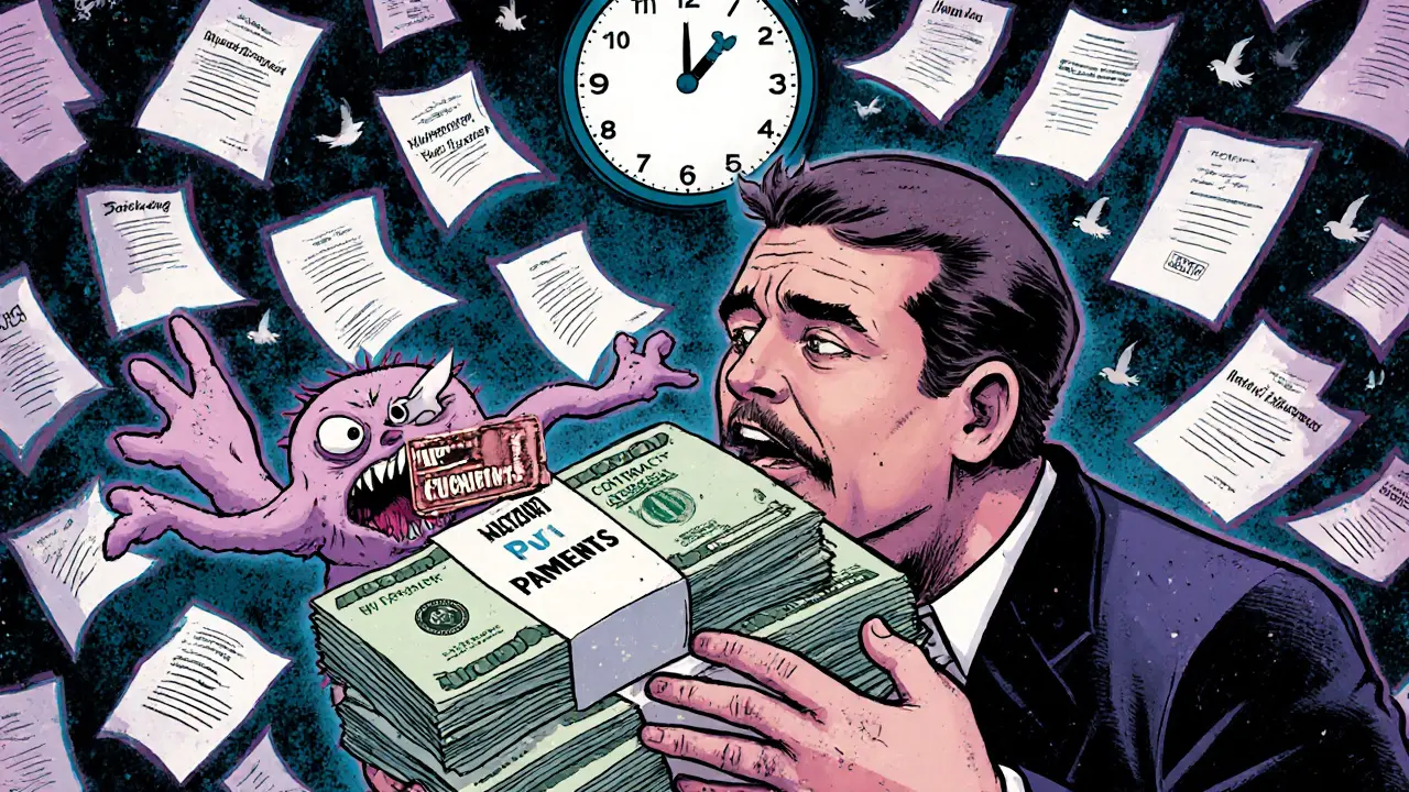 Мужчина защищает свои деньги от чиновника, который пытается съесть платежи, вокруг летят документы.