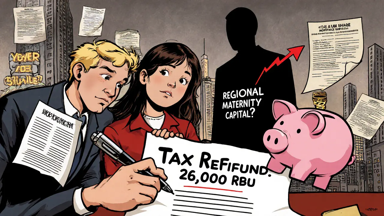 Пара подписывает документ на налоговый вычет, ребенок держит домик с региональным маткапиталом, вдалеке — тень будущих изменений.