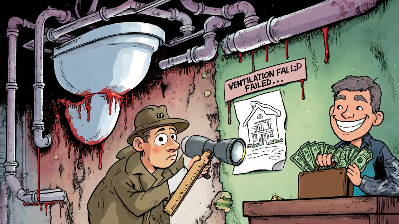 Покупатель осматривает квартиру с необычной перепланировкой и не работающей вентиляцией.