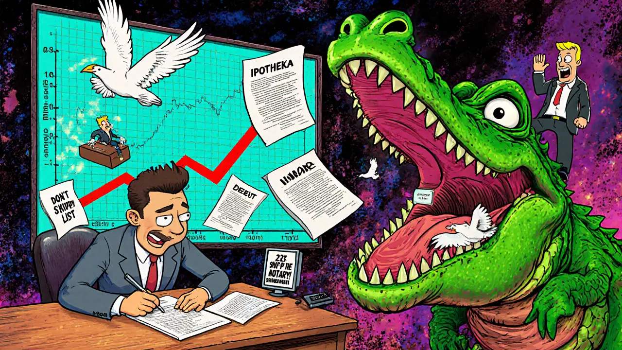 Покупатель подписывает договор у нотариуса-крокодила под фоном графика мошенничества.