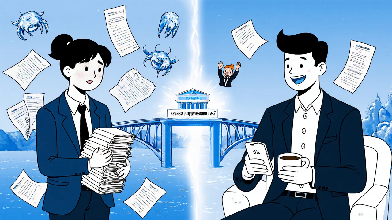 Два мира: слева — хаос бумажных чеков, справа — спокойствие с нулевым налогом, соединённые уведомлением от налоговой.