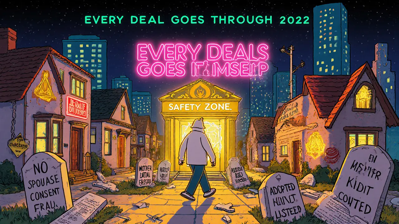 Город с домами-опасностями, один человек идёт к золотому офису нотариуса, а под ногами — могилы самодеятельных сделок.