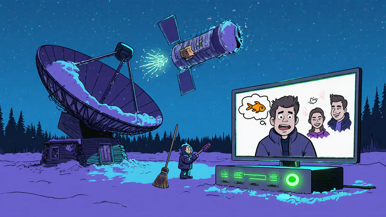 Изолированный дом с огромной спутниковой тарелкой, человек чистит снег с неё под звездным небом.