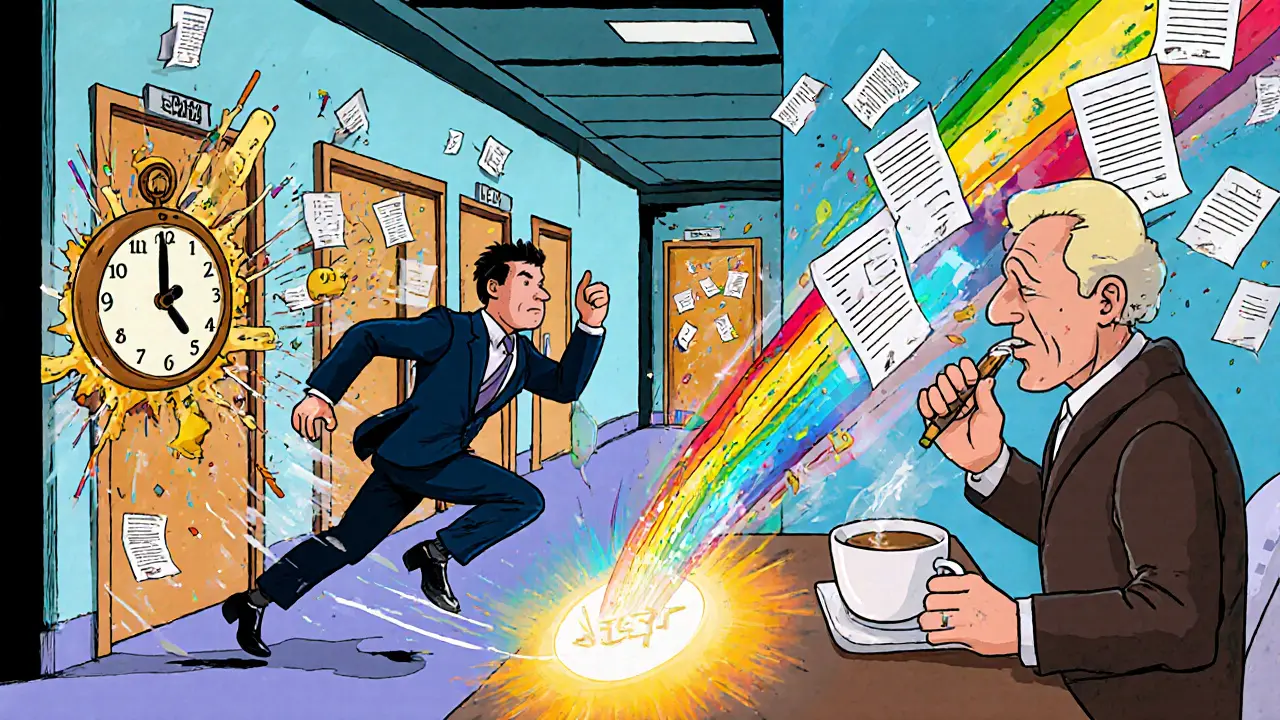 Мужчина бежит мимо взрывающихся дверей, а нотариус спокойно нажимает кнопку, отправляя документы в портал.