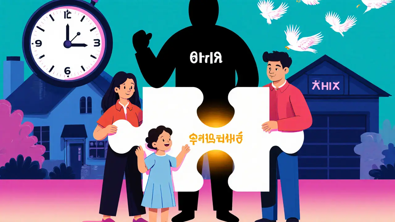 Семья стоит у нового дома, каждый держит часть права собственности на жильё.