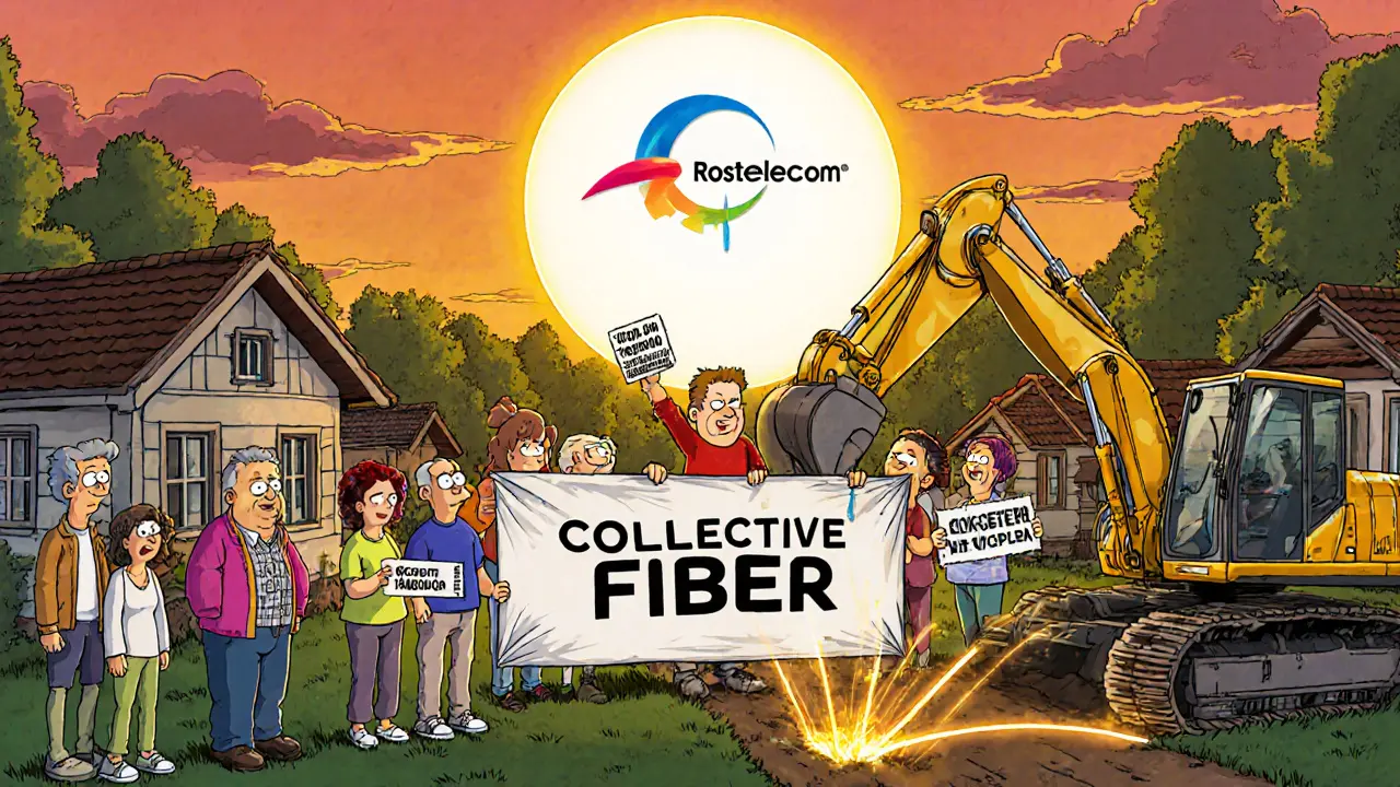 Соседи вместе копают траншею, чтобы проложить оптоволокно, рядом — символы скидок и радости.