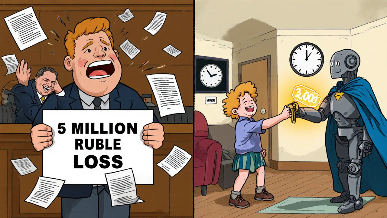 Сравнение: слева — проигрыш в суде, справа — спокойная сделка с нотариусом и роботом Росреестра, таймер показывает 3 дня.