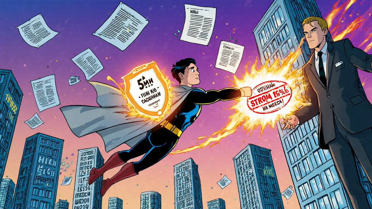 Супергерой-налогоплательщик летит, отражая налоговые ставки щитом с надписью &#039;Вычет по расходам&#039;.