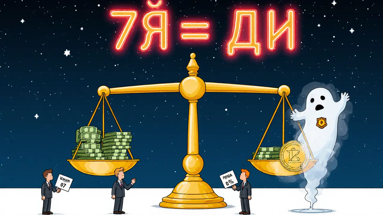 Золотая чаша весов: деньги против печати, вокруг — фигурки с цифрами, а в небе неоновая надпись &#039;БЕЗОПАСНОСТЬ = ИНВЕСТИЦИЯ&#039;.