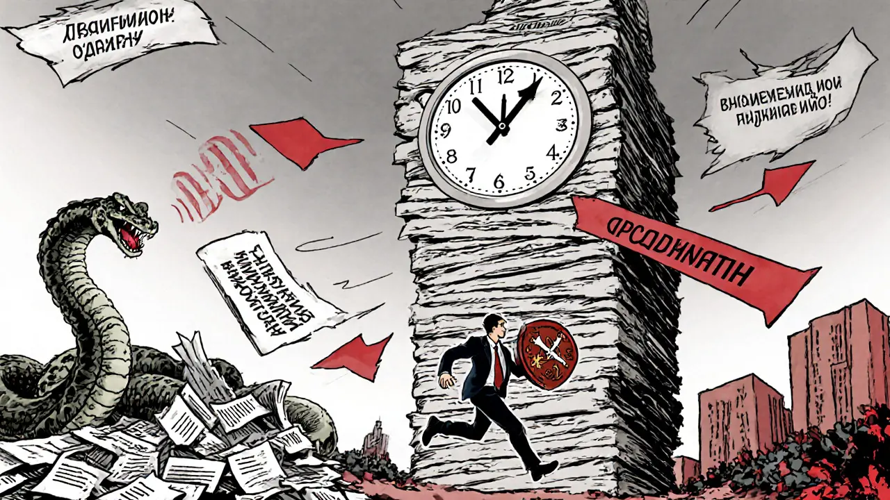 Человек бежит к часовой башне из договоров, уворачиваясь от стрел с надписями о переносах сроков и отсутствии отчетов.