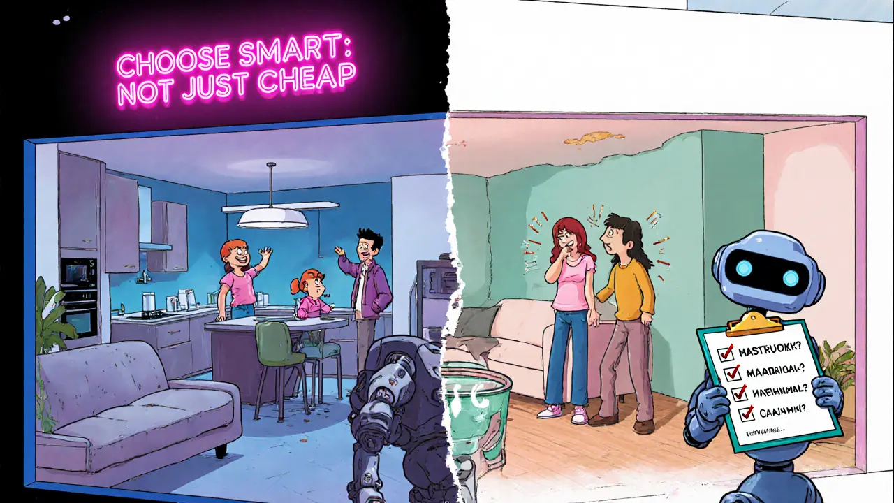 Гибридный дом пополам: одна половина — свободная планировка, другая — запертые стены, над ними неоновая вывеска.