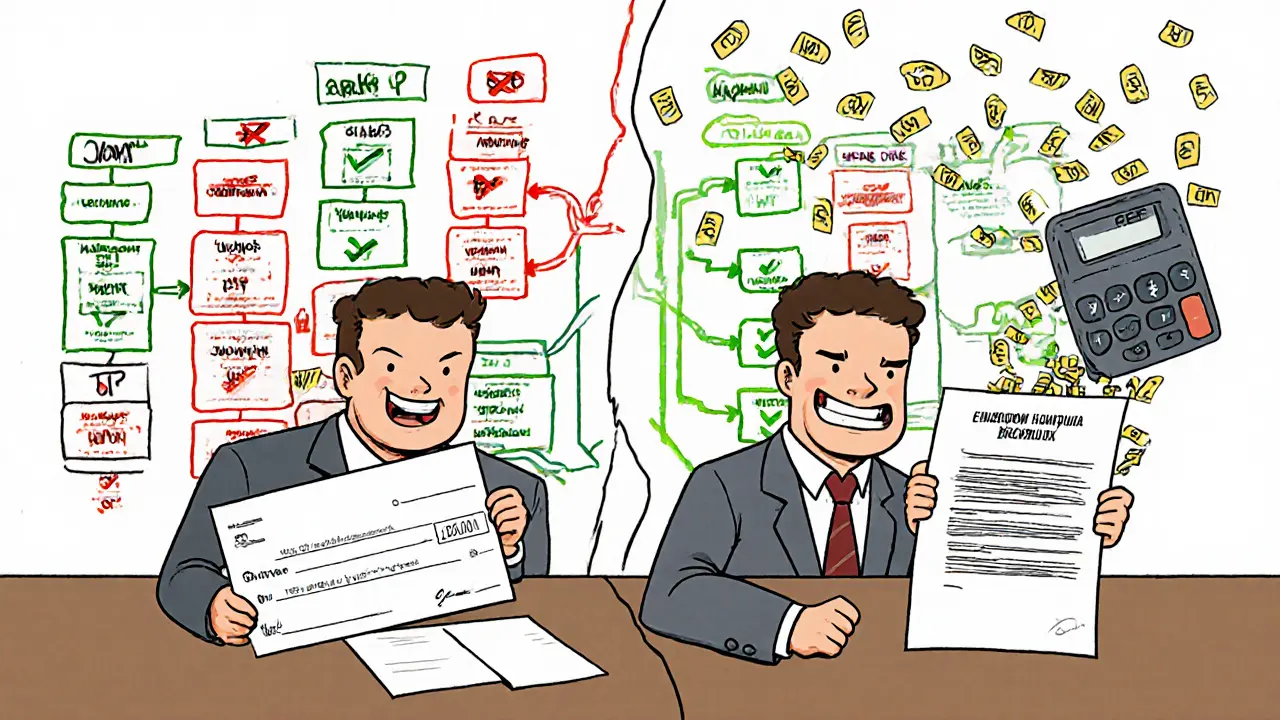 Мужчина получает чек, рядом — двойной двоюродный брат, на стене — дерево родства с разрешёнными и запрещёнными связями.