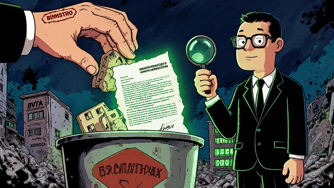 Огромная рука выбрасывает здание в мусорку, а человек с лупой держит разрешение на ввод в эксплуатацию, защищающее его.