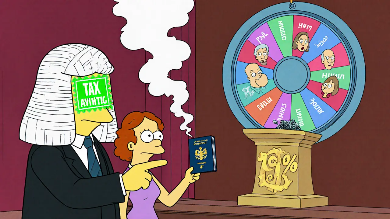 Пара в суде: жена — не родственница продавца, судья — печать, на экране — колесо с родственниками, часть из которых исчезает.