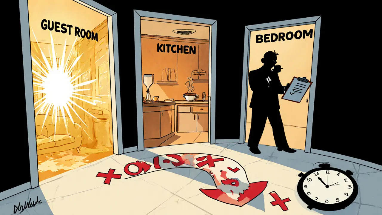 Показ квартиры по сценарию: гостиная светится золотом, кухня — янтарем, спальня — в тени, стрелка ведет к продаже.