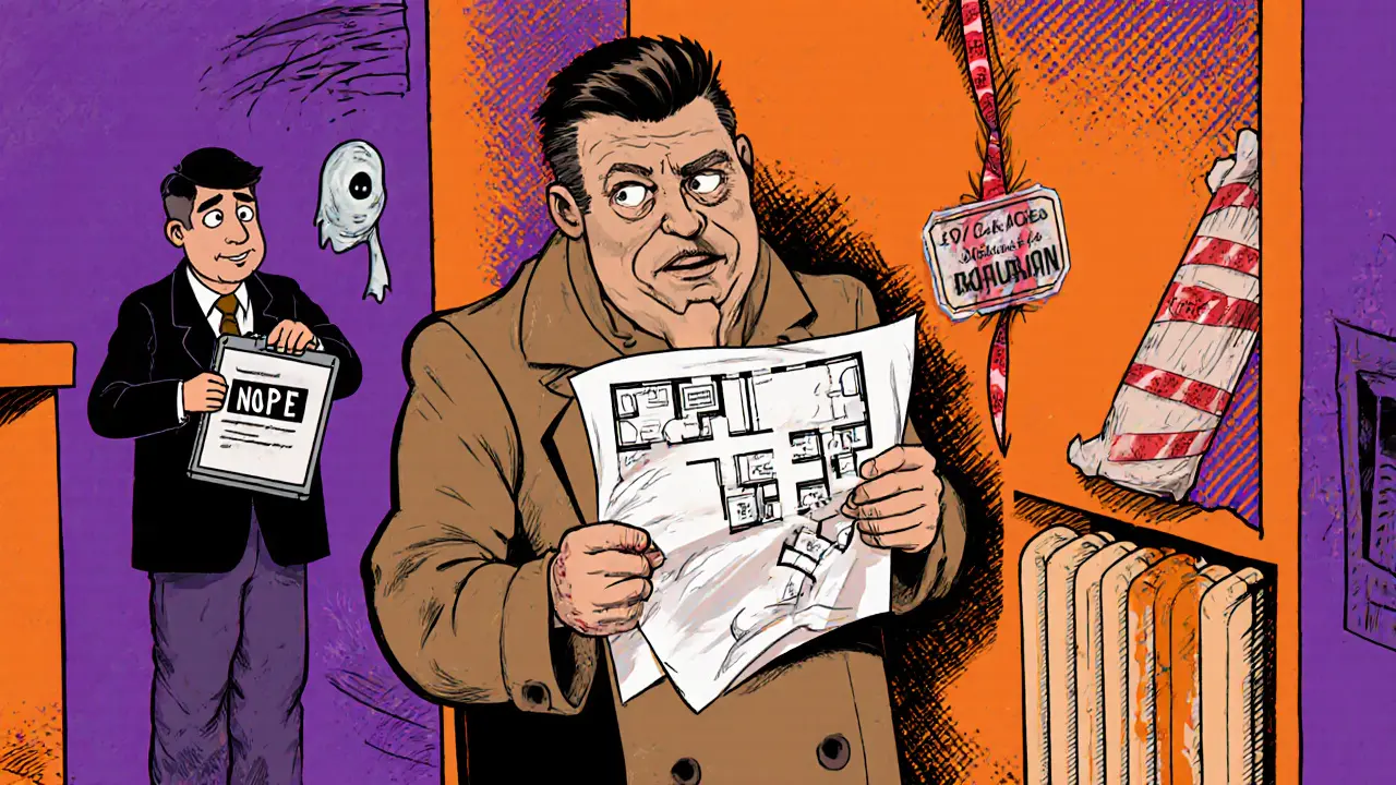 Покупатель сравнивает незаконную перепланировку с планом, а чиновник держит документ &#039;НЕТ&#039;.