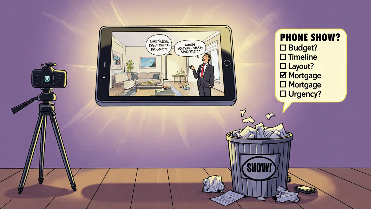 Профессиональный онлайн-показ через камеру на штативе, покупатель смотрит на экран, рядом — мусор из телефонов.