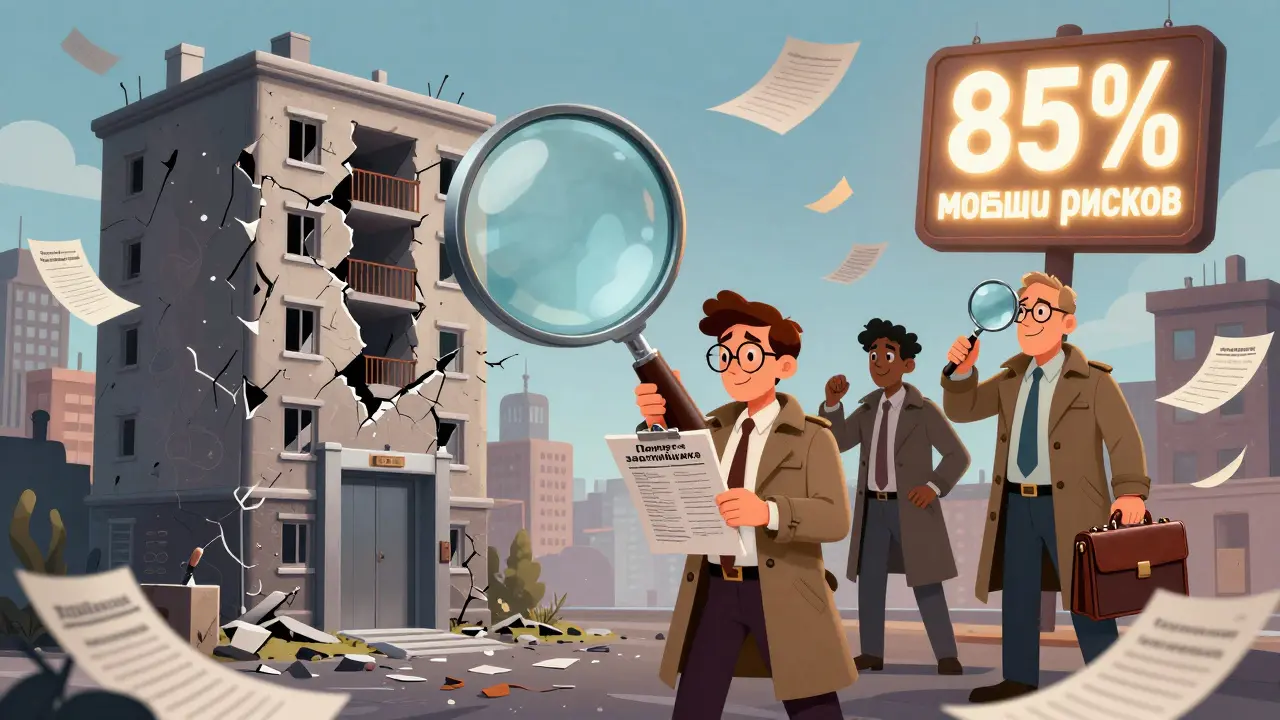 Детективы проверяют строящийся дом с дефектами, используя документы и экспертизу.