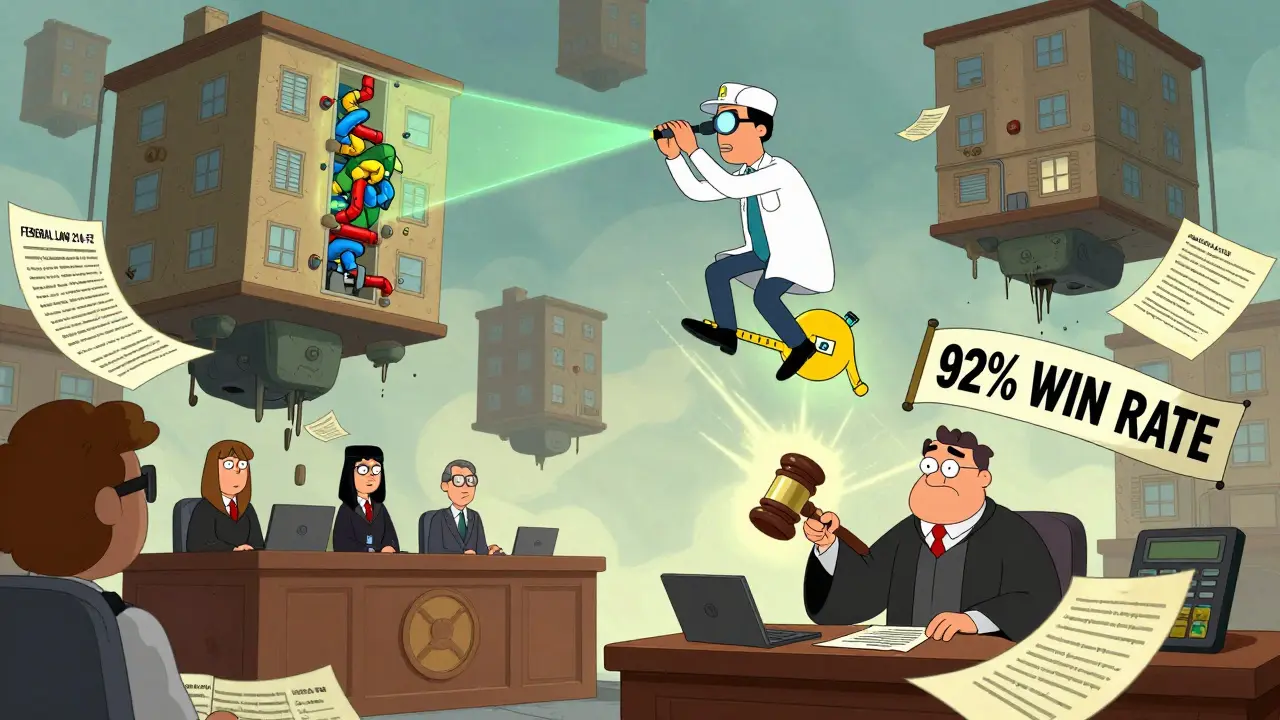 Инженер летит с лазерной рулеткой, проверяя квартиру, а внизу суд выносит решение в пользу дольщика.