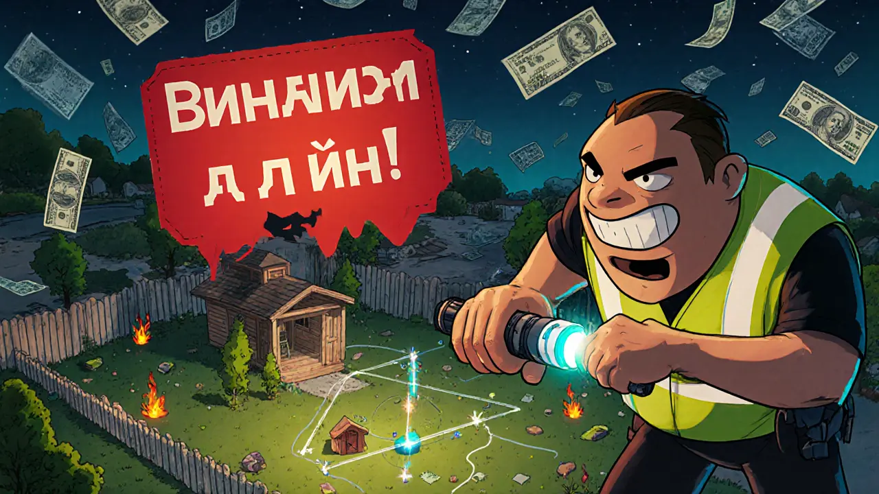 Кадастровый инженер измеряет участок с помощью светящегося устройства, вокруг — смещённые заборы и предупреждение о газопроводе.