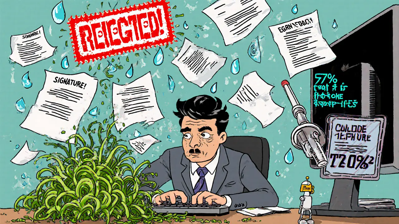 Оценщик в хаотичном кабинете пытается выполнить все требования, пока над ним падает огромная печать &#039;ОТКАЗ&#039;.