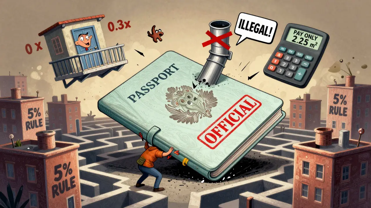 Огромный технический паспорт давит на человека, над ним — балкон, шахта и расчет по закону.