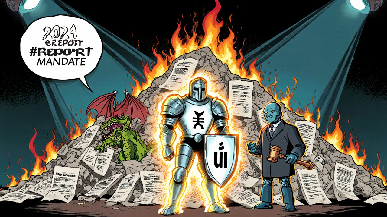 Отчет об оценке как рыцарь в доспехах с ФСО VI защищает от банка и суда, позади — гора отклоненных документов.