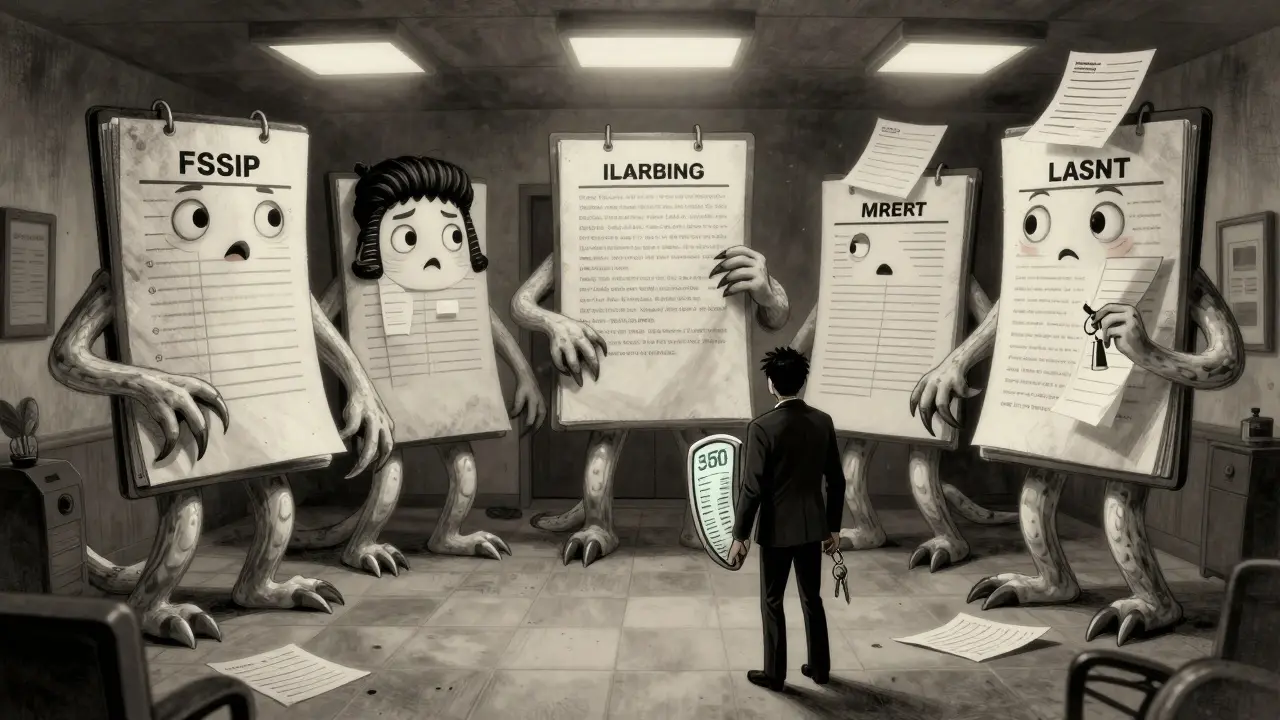 Покупатель перед пятью монстрами-проверками, один из них держит ключ от квартиры.