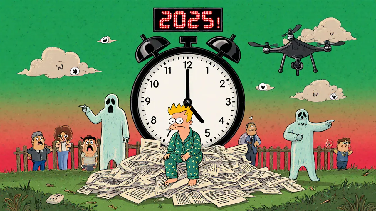 Покупатель сидит на бумагах, пока часы тикают до 2025 года, над ним — дрон и призрачные соседи.