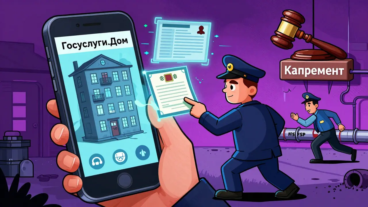 Покупатель сканирует дом с помощью телефона, вокруг него летят долги и поддельные документы.