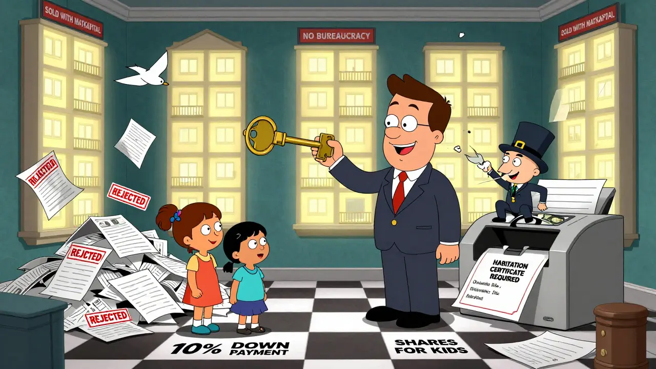 Развитчик в костюме из денег вручает семье ключ в форме сертификата, вокруг — модели квартир с метками 'Продано с маткапиталом'.