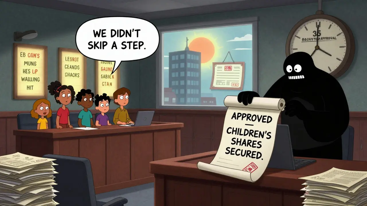 Семья выигрывает суд против бюрократического монстра, судья — из бумаг, на стенах — имена всех членов семьи.